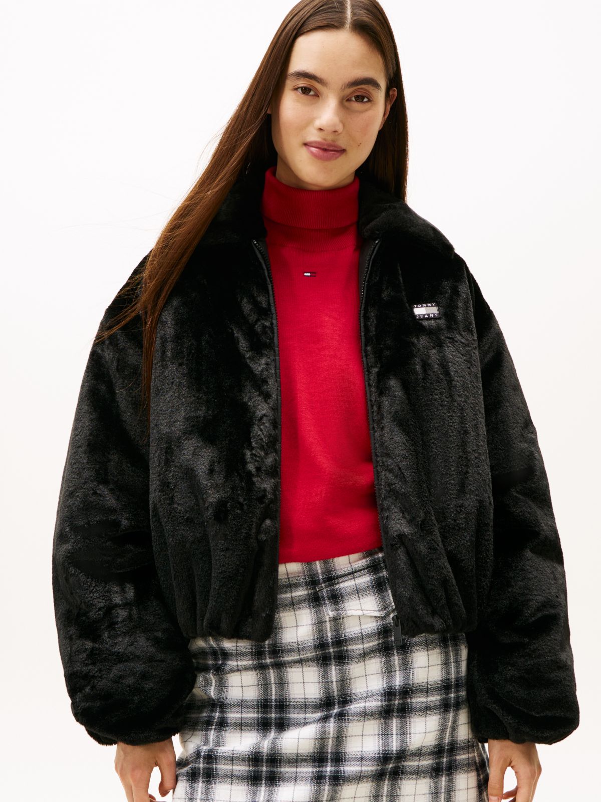 Tommy Badge Faux Fur Bomber Jacket — Black