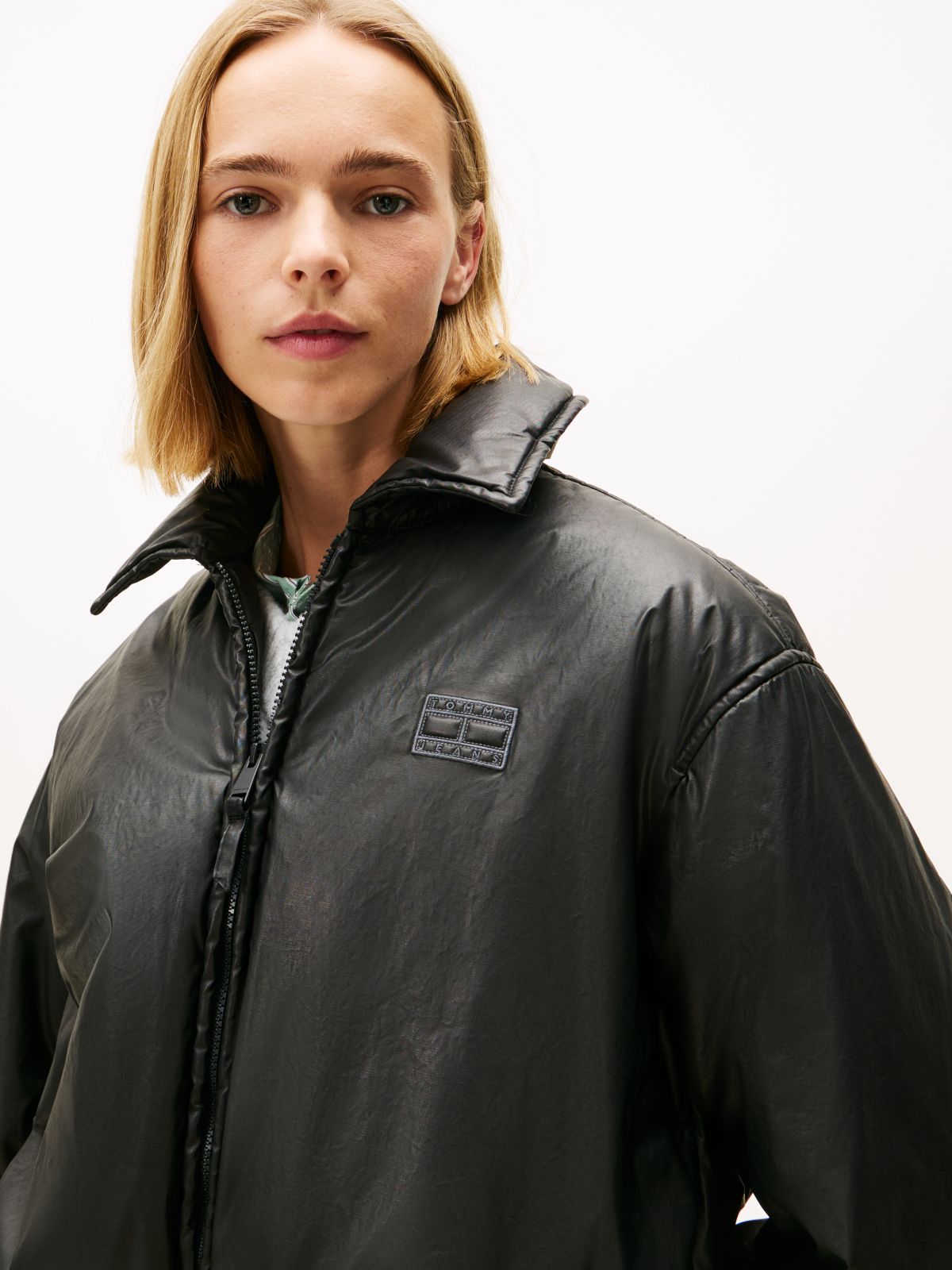 Shiny Relaxed Padded Bomber Jacket — Black