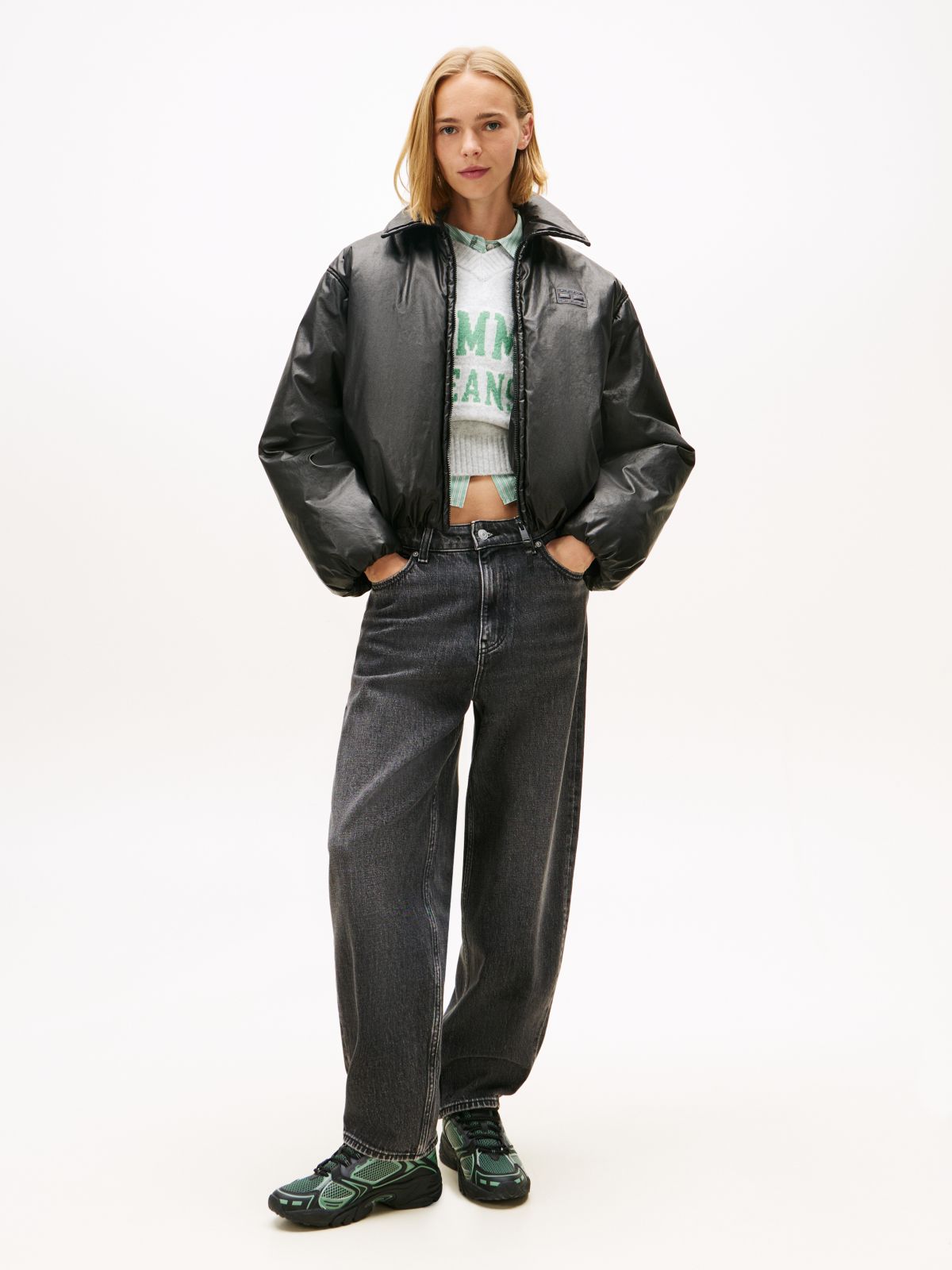 Shiny Relaxed Padded Bomber Jacket — Black