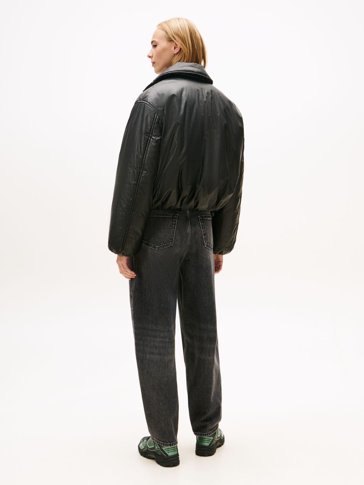 Shiny Relaxed Padded Bomber Jacket — Black