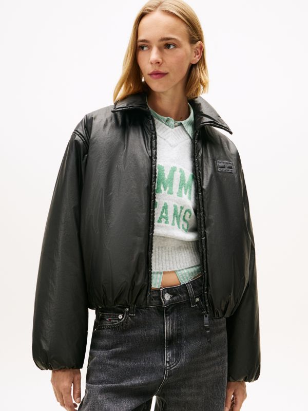 Shiny Relaxed Padded Bomber Jacket — Black