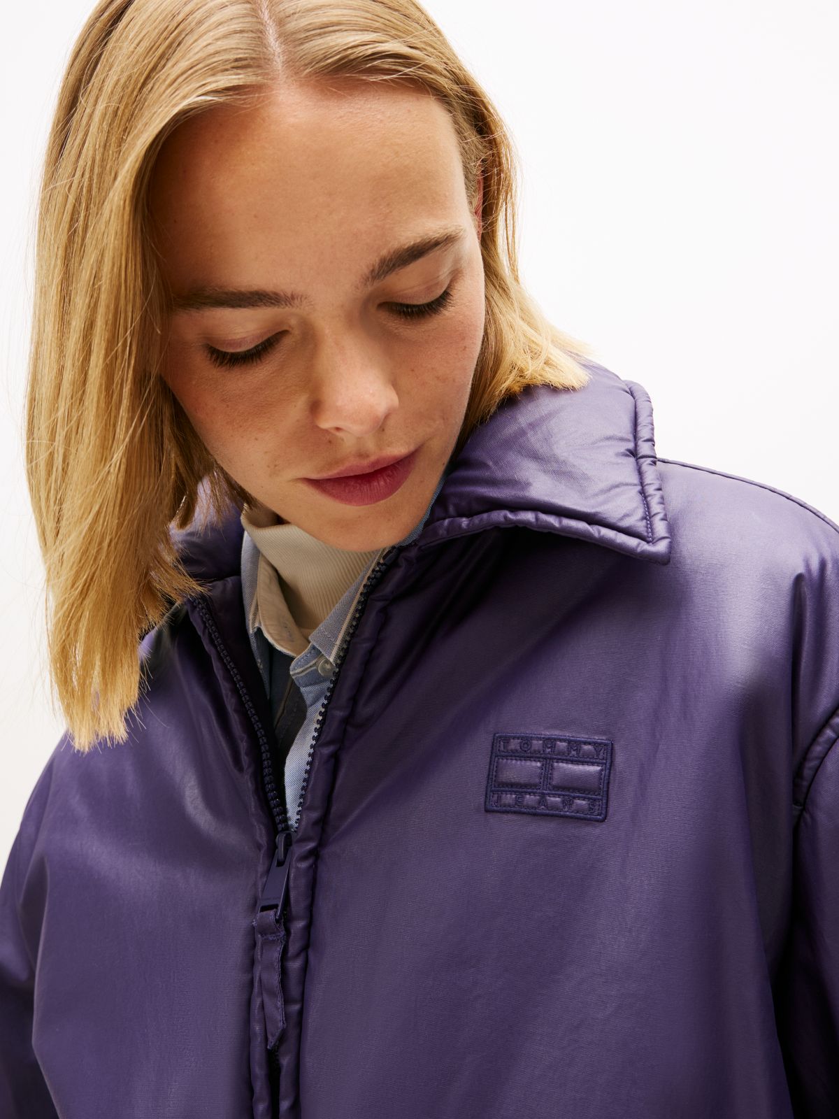 Shiny Relaxed Padded Bomber Jacket — Purple