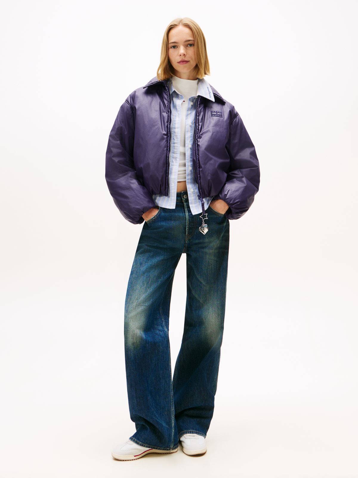 Shiny Relaxed Padded Bomber Jacket — Purple