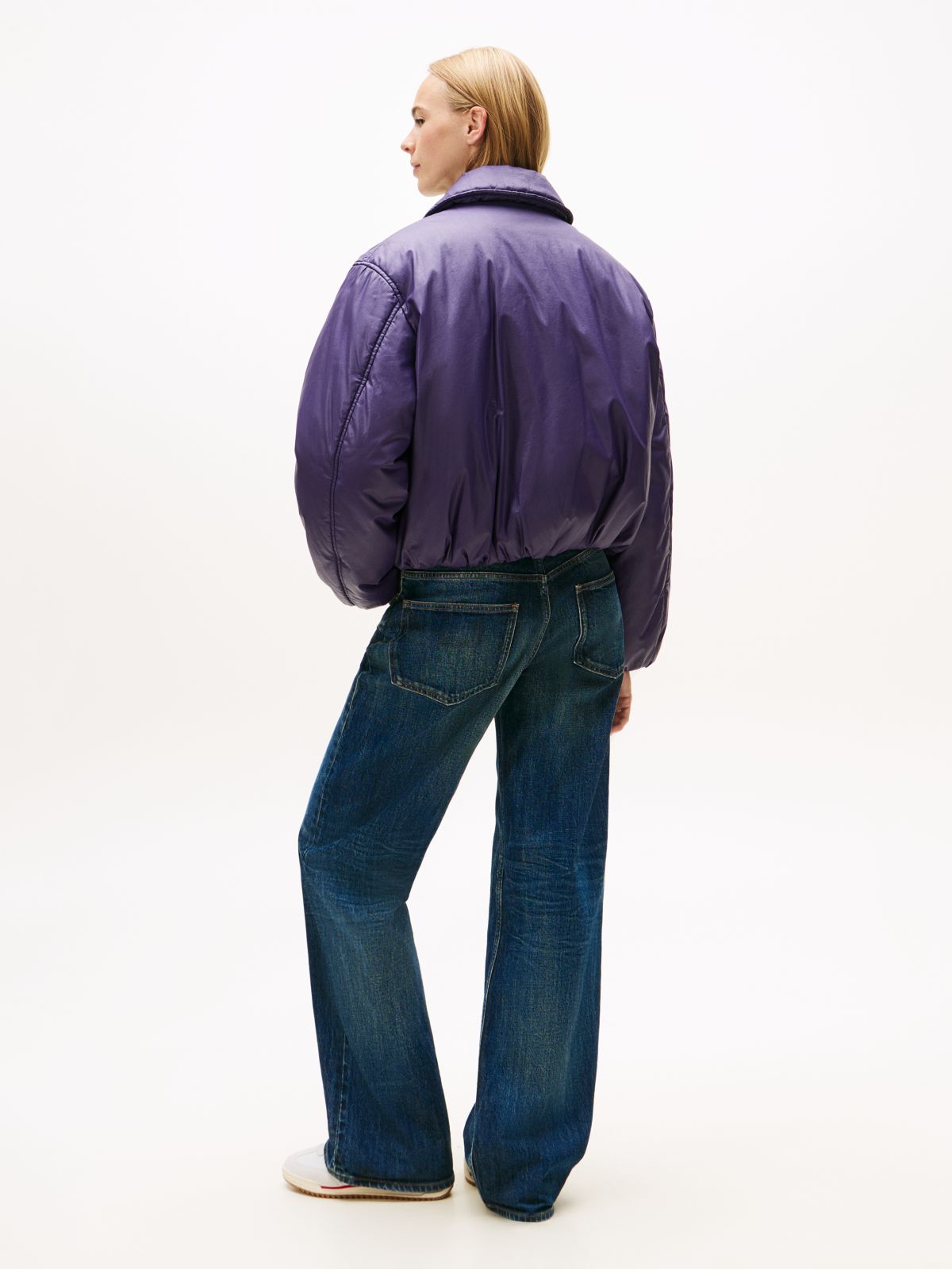 Shiny Relaxed Padded Bomber Jacket — Purple