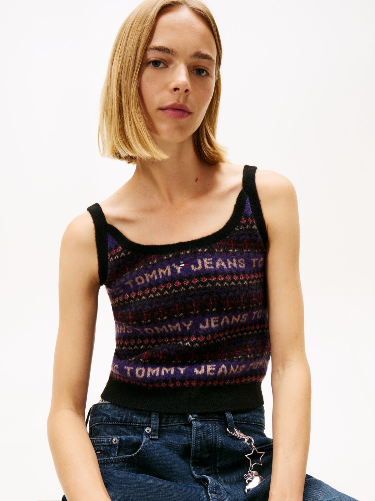 Fair Isle Slim Knit Cami Top — Black