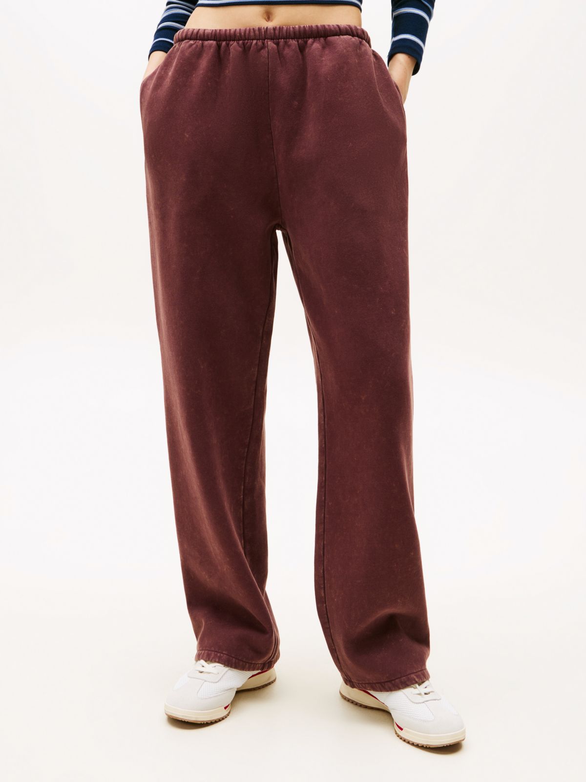 Logo Embroidery Wide Leg Washed Joggers — Brown