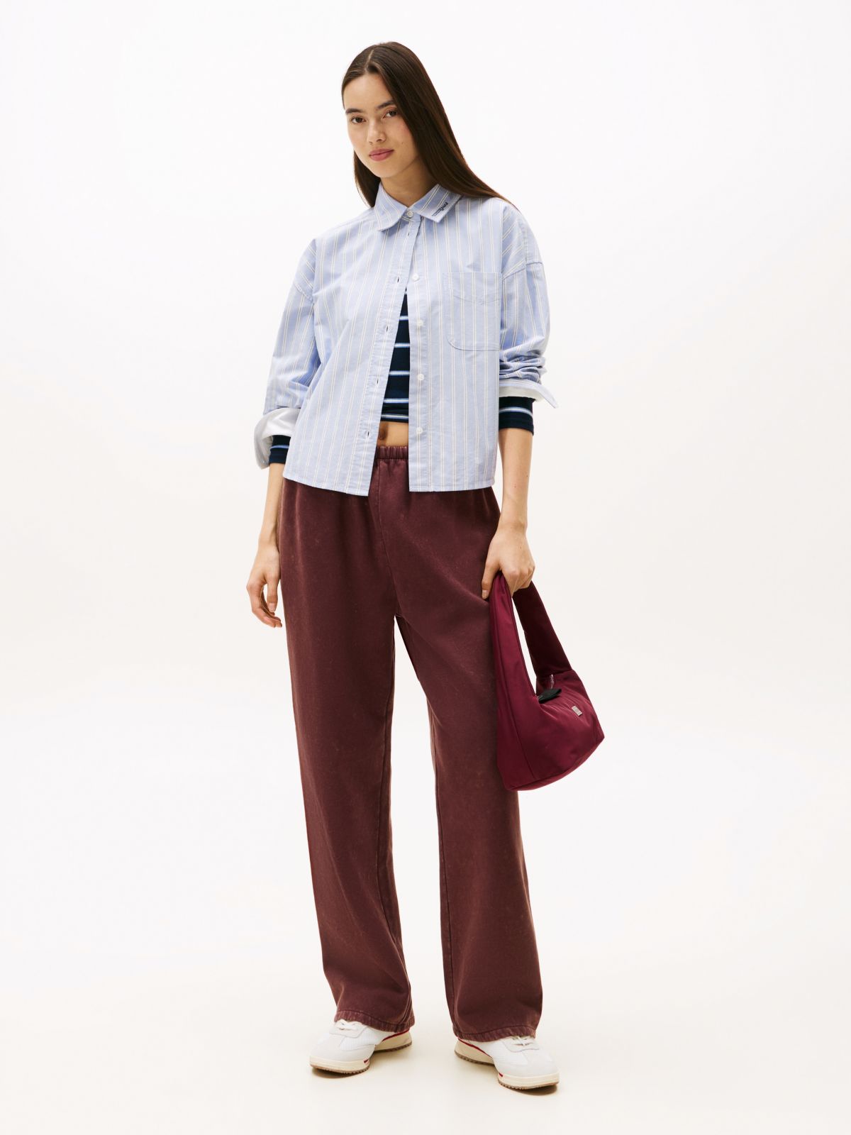 Logo Embroidery Wide Leg Washed Joggers — Brown