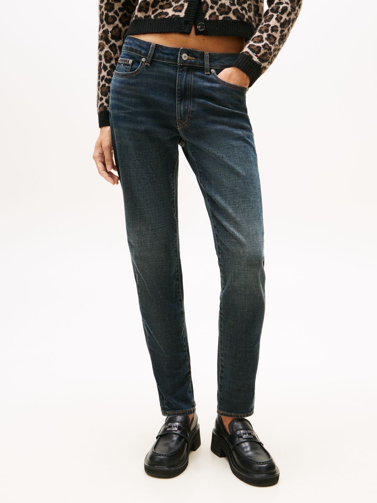 Mid Rise Slim Faded Jeans — Blue