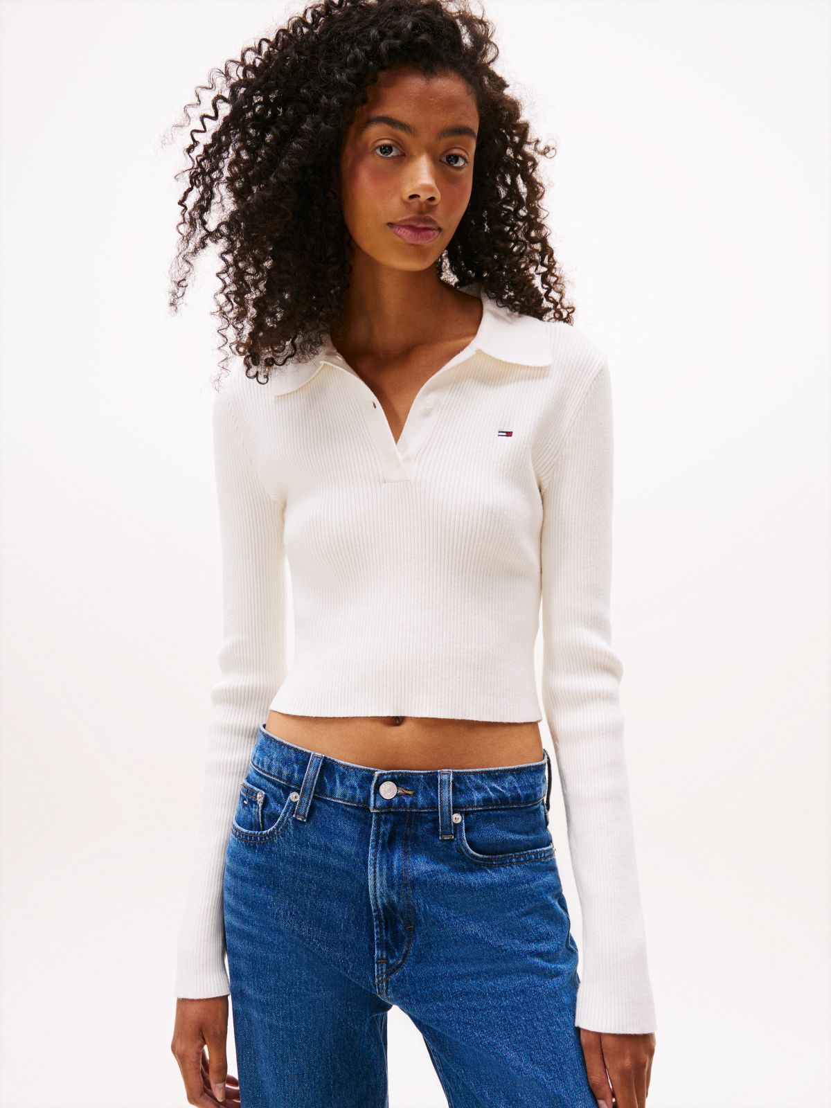 Long Sleeve Slim Polo Jumper — White