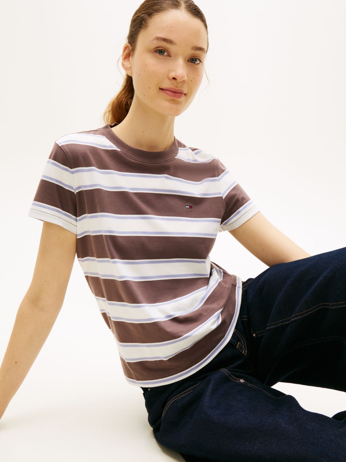 Flag Embroidery Jersey Crew Neck T-Shirt — Brown