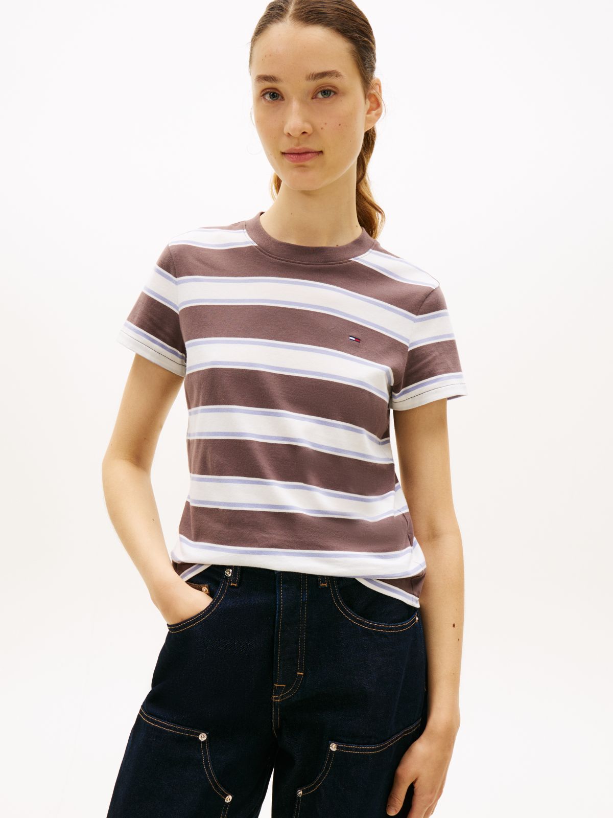 Flag Embroidery Jersey Crew Neck T-Shirt — Brown