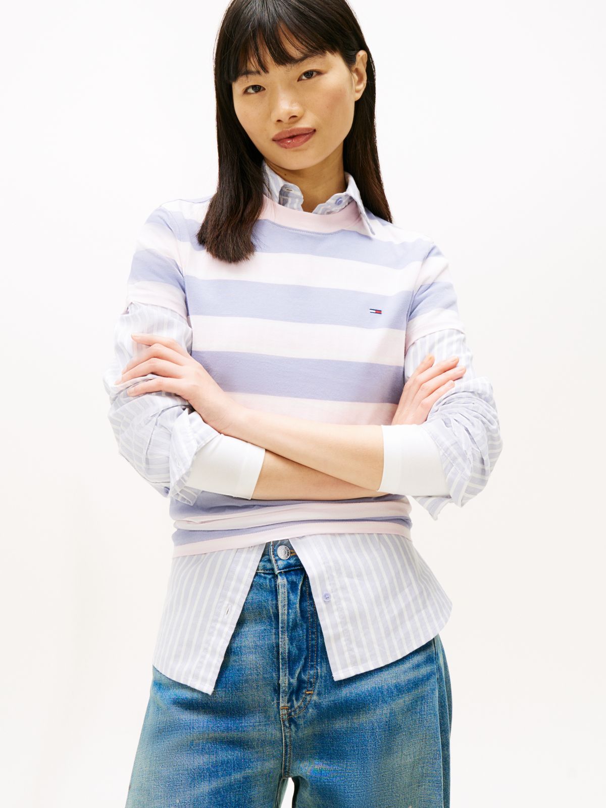 Flag Embroidery Jersey Crew Neck T-Shirt — Purple