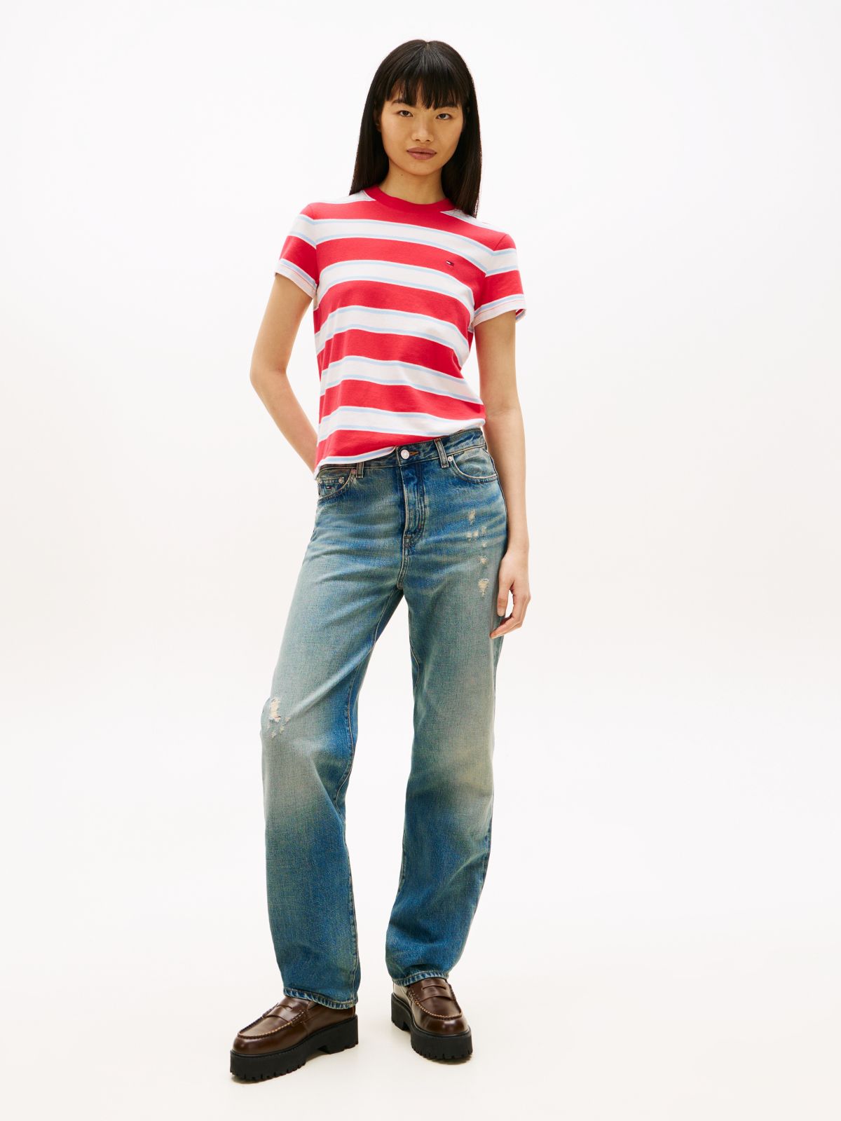 Flag Embroidery Jersey Crew Neck T-Shirt — Red