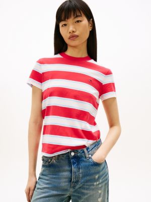 red jersey-rundhals-t-shirt mit flag-stickerei für damen - tommy jeans