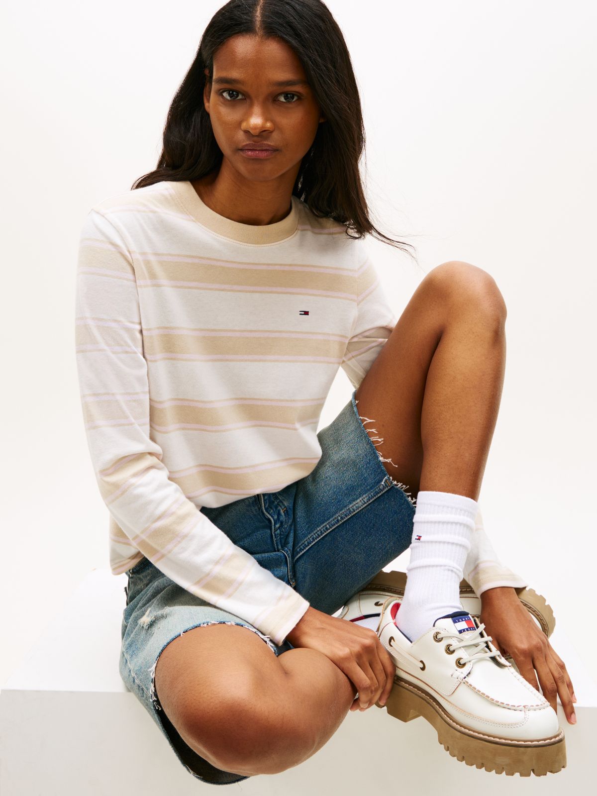 Flag Embroidery Jersey Long Sleeve T-Shirt — Beige