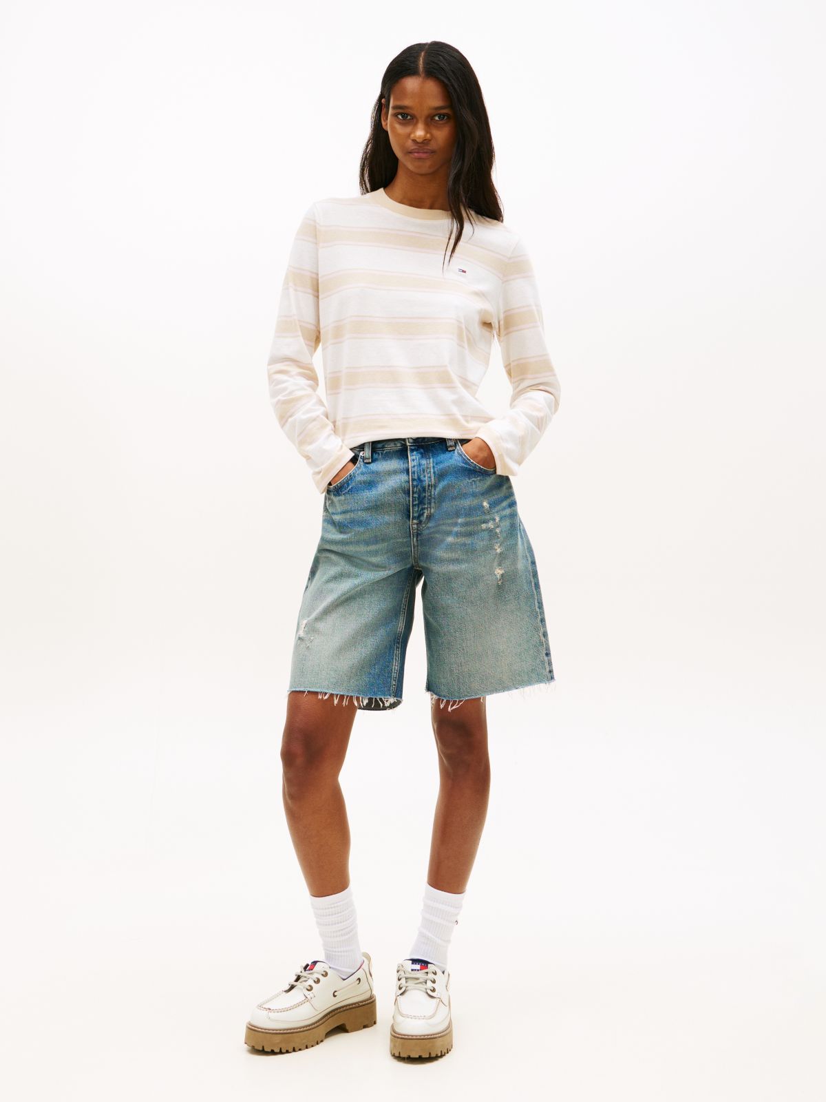 Flag Embroidery Jersey Long Sleeve T-Shirt — Beige