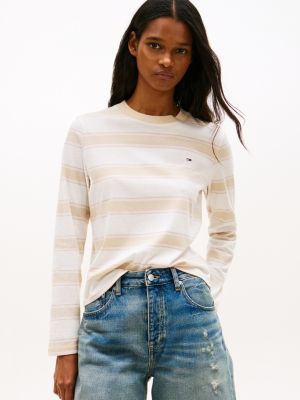 beige flag embroidery jersey long sleeve t-shirt for women tommy jeans