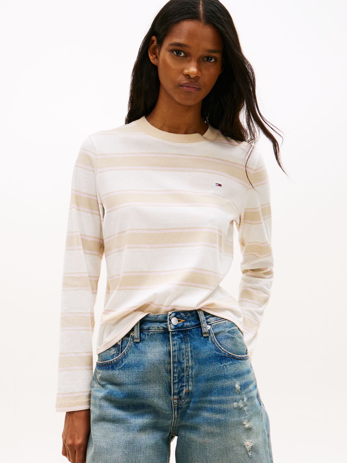 Flag Embroidery Jersey Long Sleeve T-Shirt — Beige
