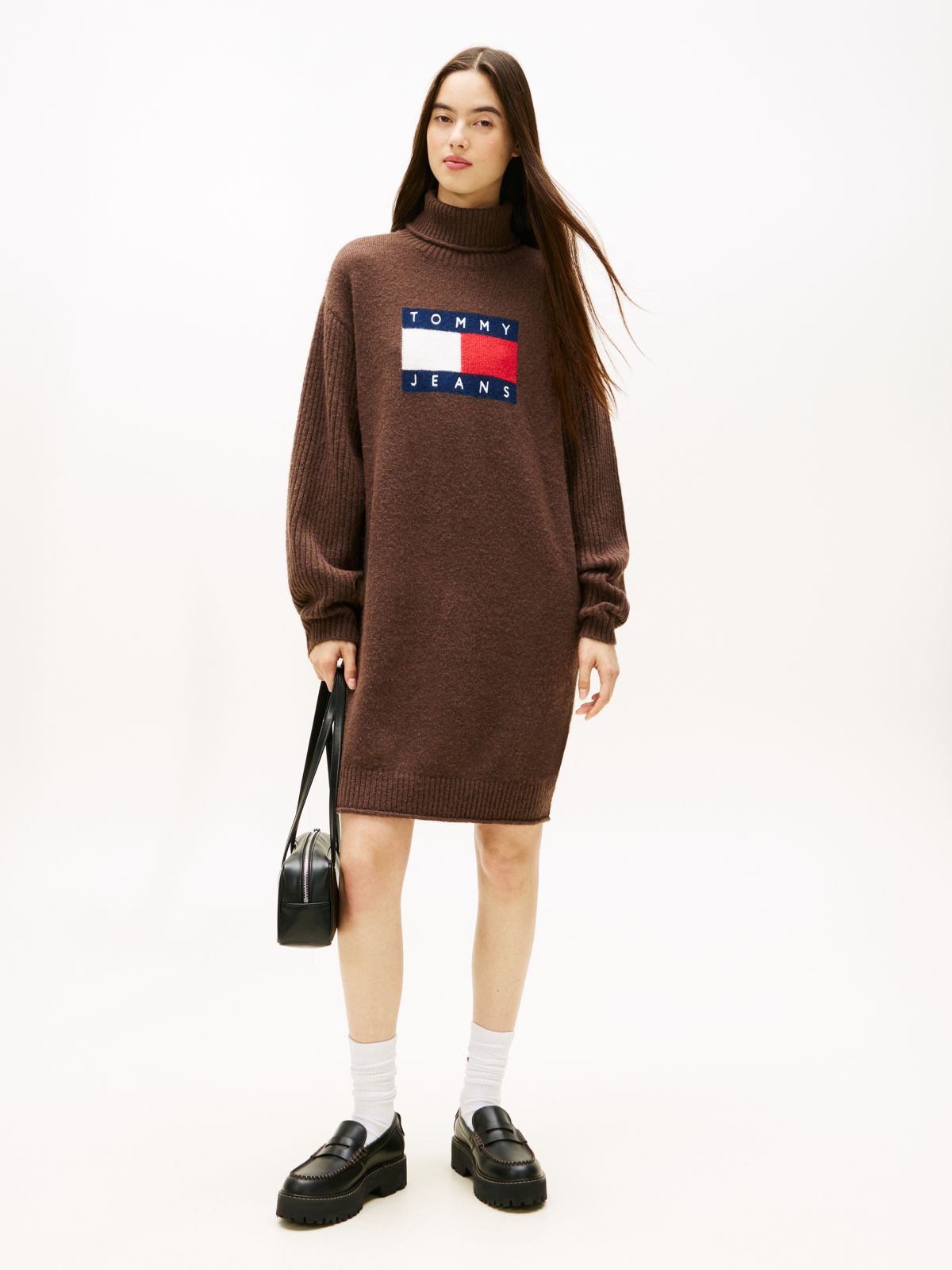 Tommy Flag Relaxed Mini Jumper Dress — Brown