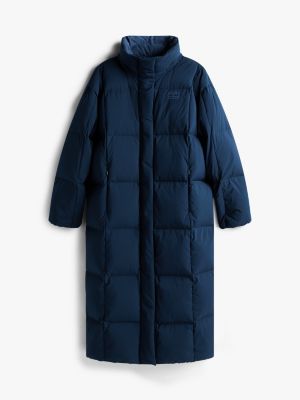 blue water repellent longline alaska puffer coat for women tommy jeans