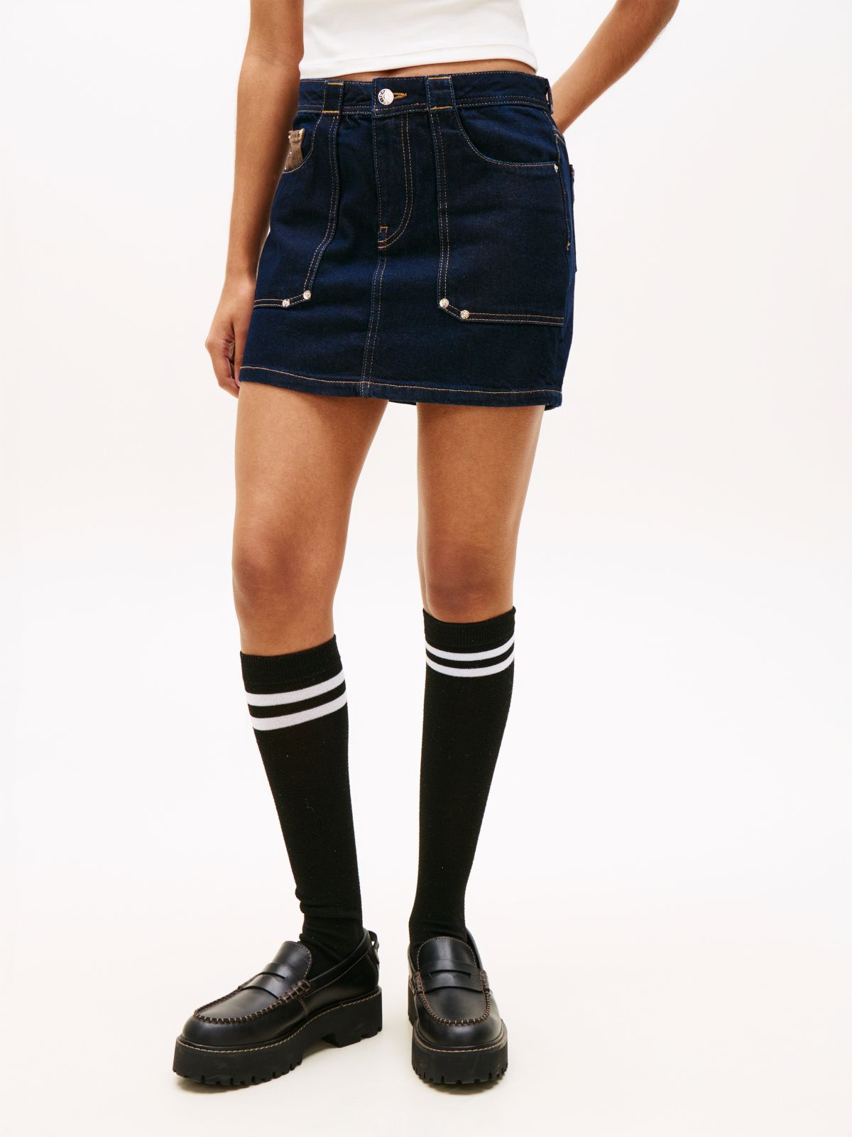 Flag Embroidery Denim Straight Mini Skirt — Blue