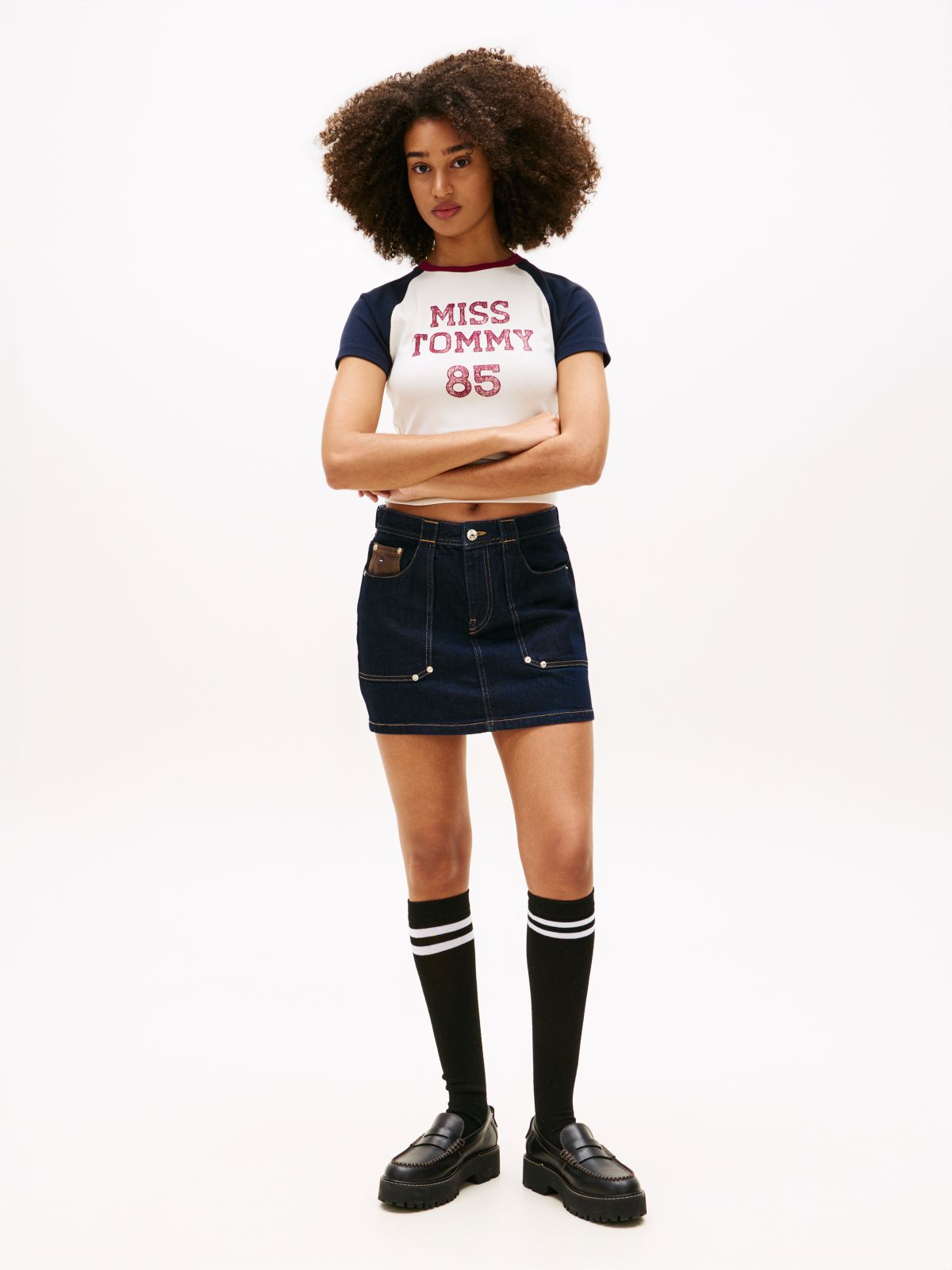 Flag Embroidery Denim Straight Mini Skirt — Blue