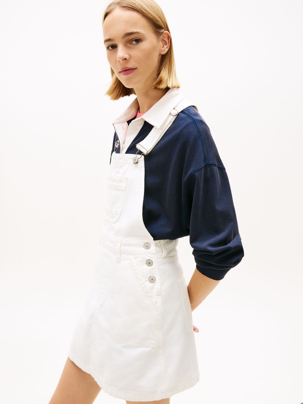 Logo Pocket Mini Denim Dungaree Dress — White