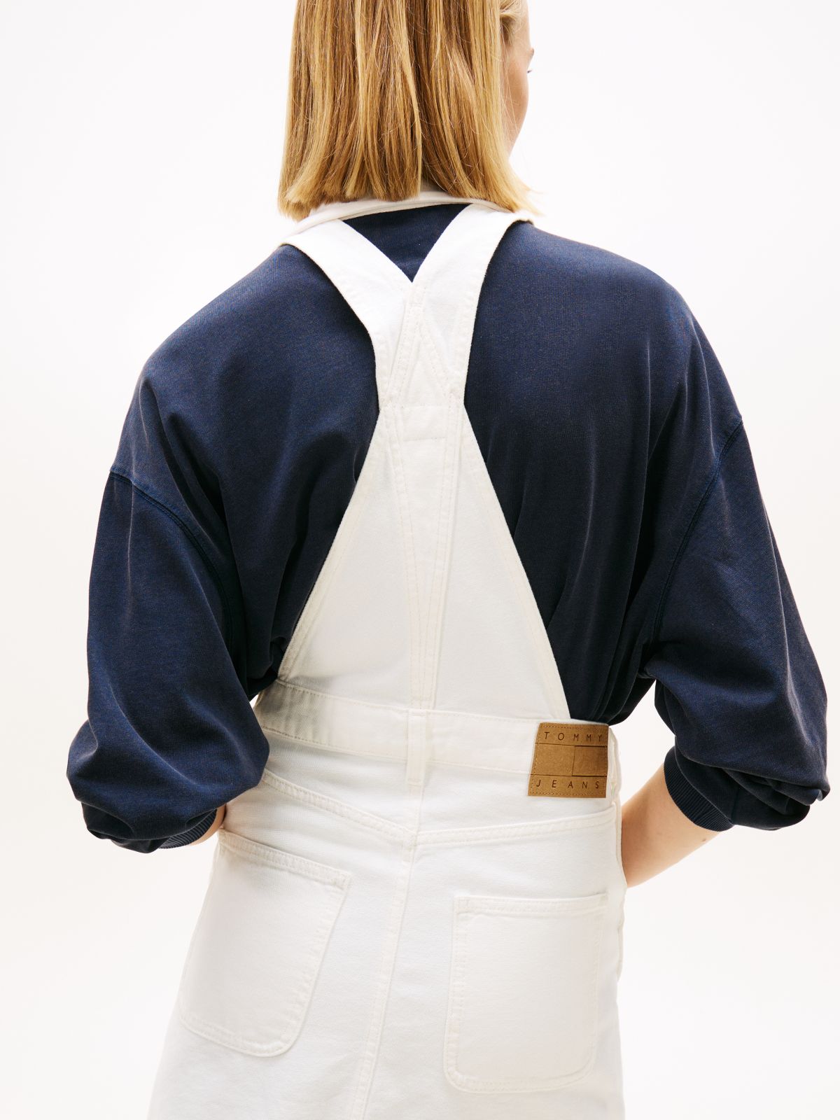 Logo Pocket Mini Denim Dungaree Dress — White