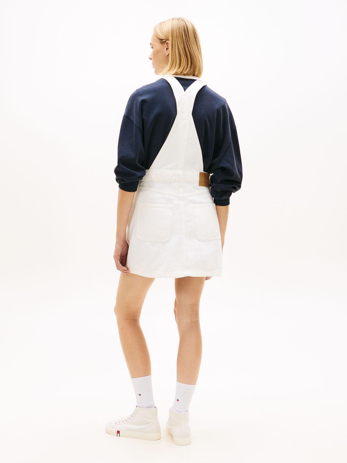 Logo Pocket Mini Denim Dungaree Dress — White
