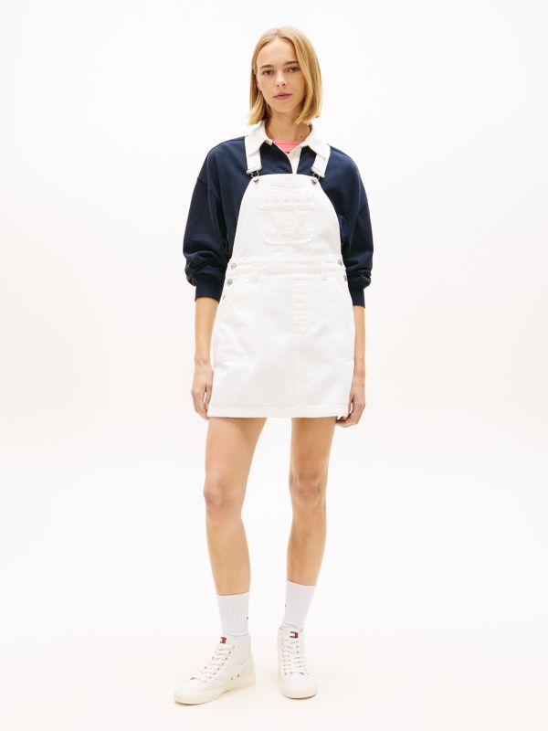 Logo Pocket Mini Denim Dungaree Dress — White
