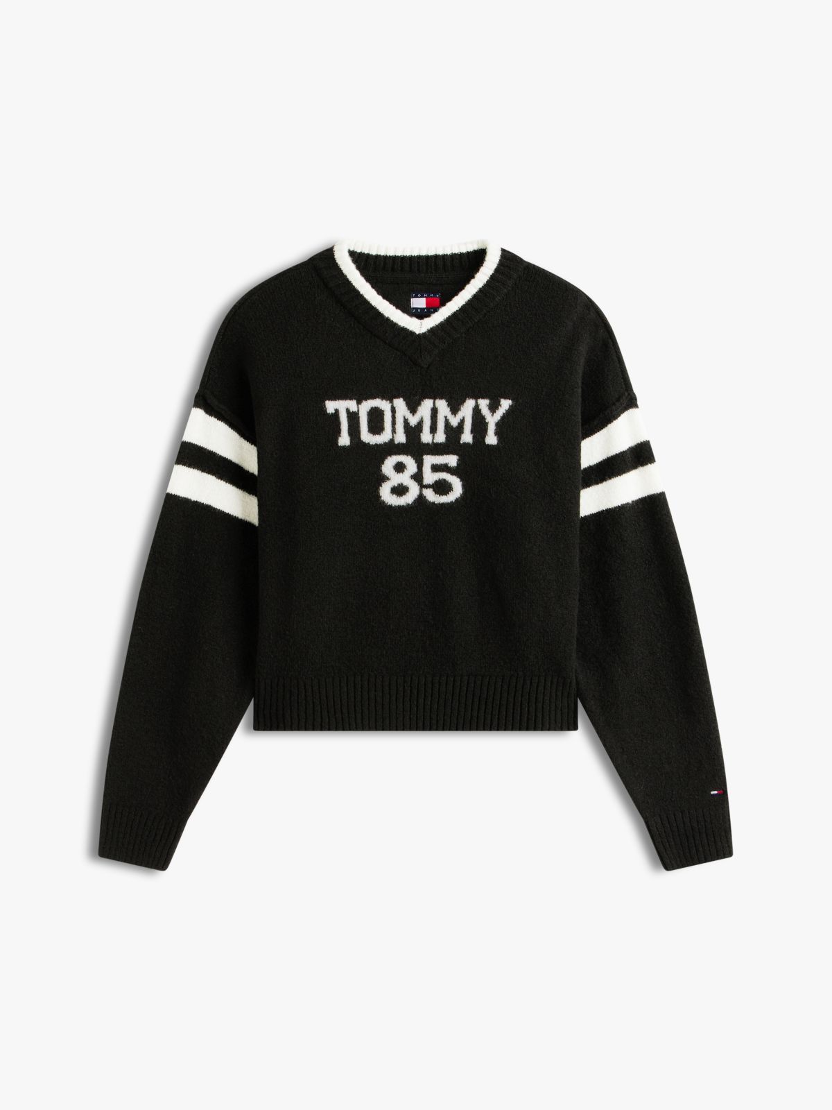 Intarsia Logo V-Neck Relaxed Jumper — Black