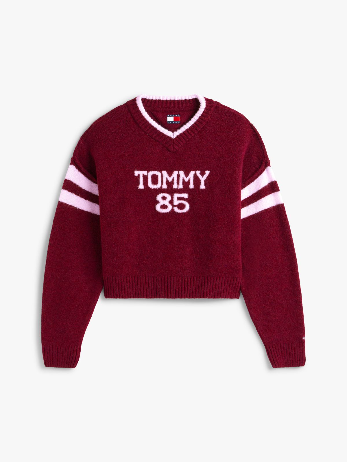 Intarsia Logo V-Neck Relaxed Jumper — Red