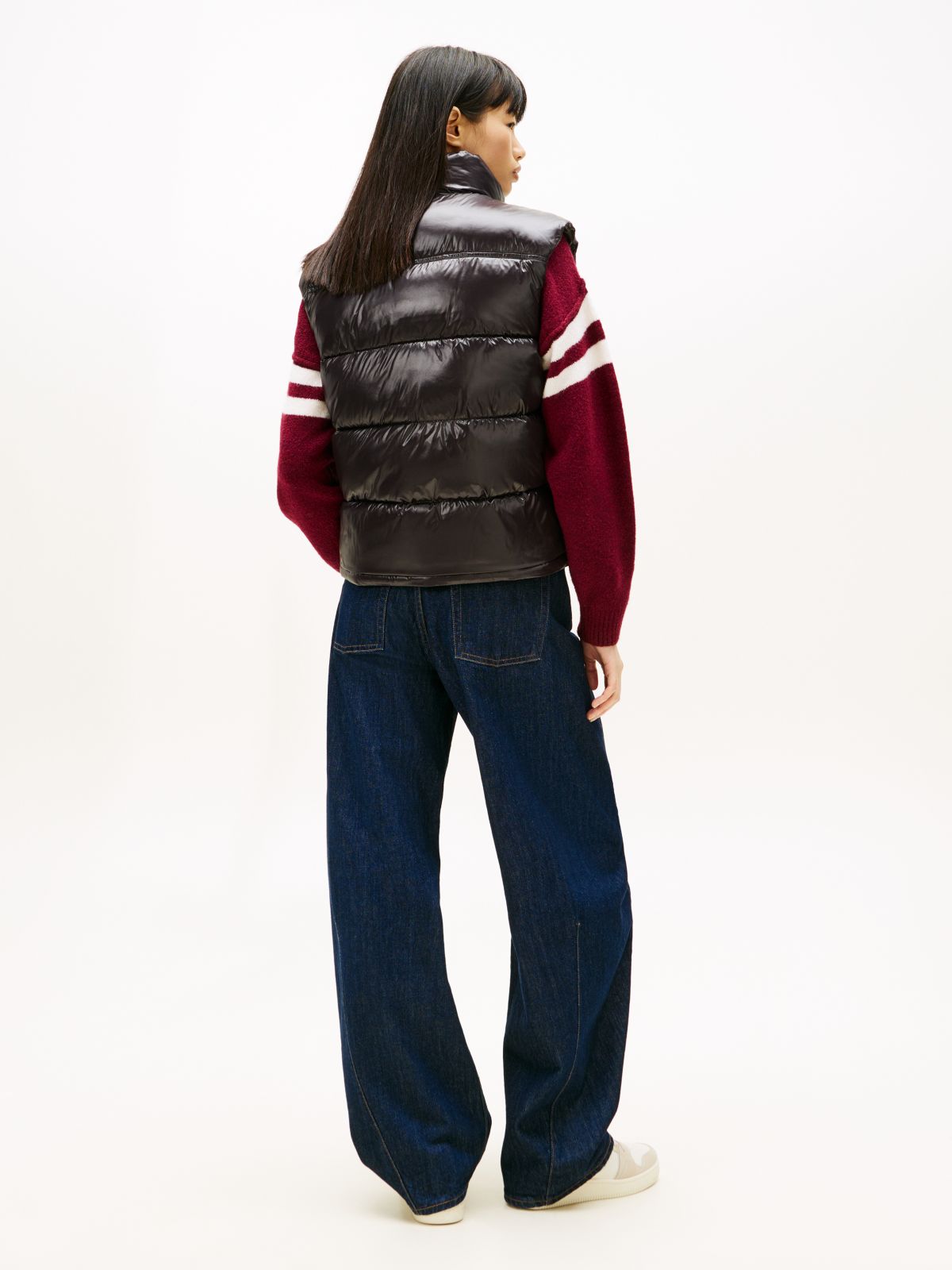 Flag Embroidery Shiny Puffer Gilet — Black