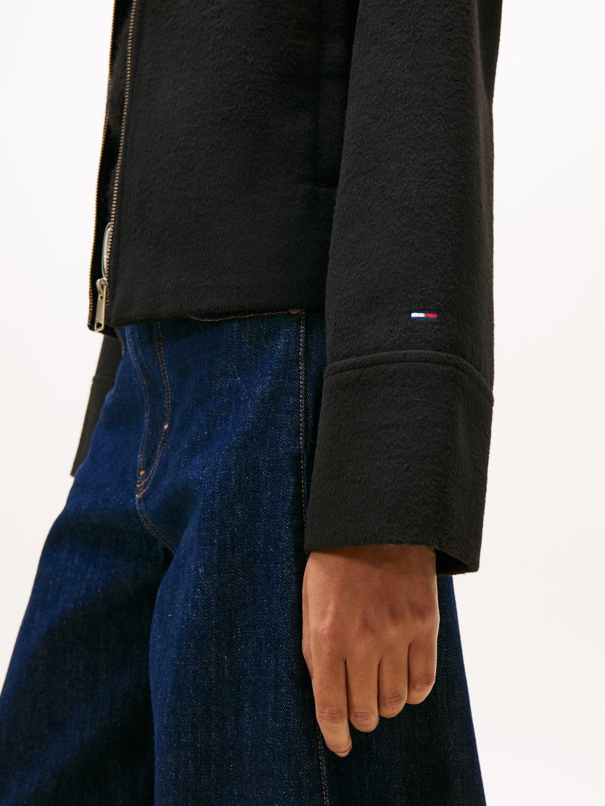 Collared Zip-Thru Wool Blend Twill Jacket — Black