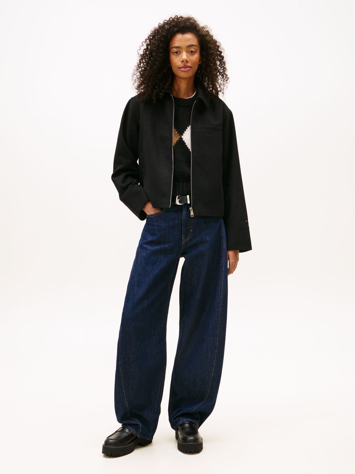 Collared Zip-Thru Wool Blend Twill Jacket — Black