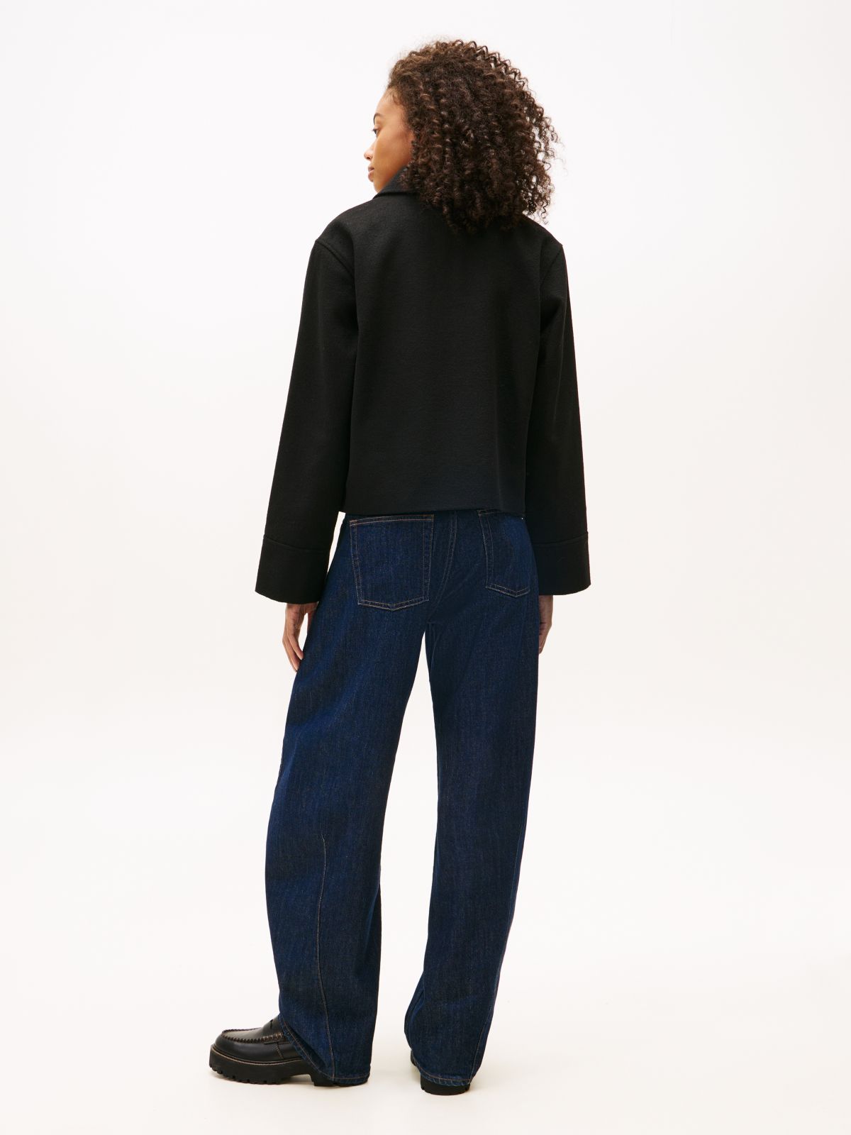 Collared Zip-Thru Wool Blend Twill Jacket — Black