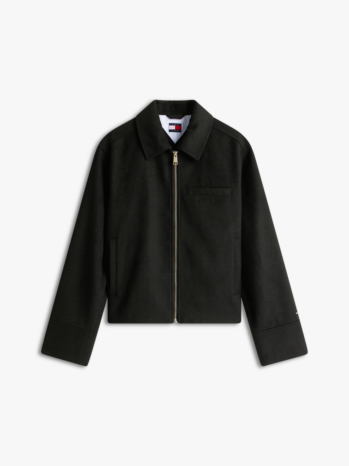 Collared Zip-Thru Wool Blend Twill Jacket — Black