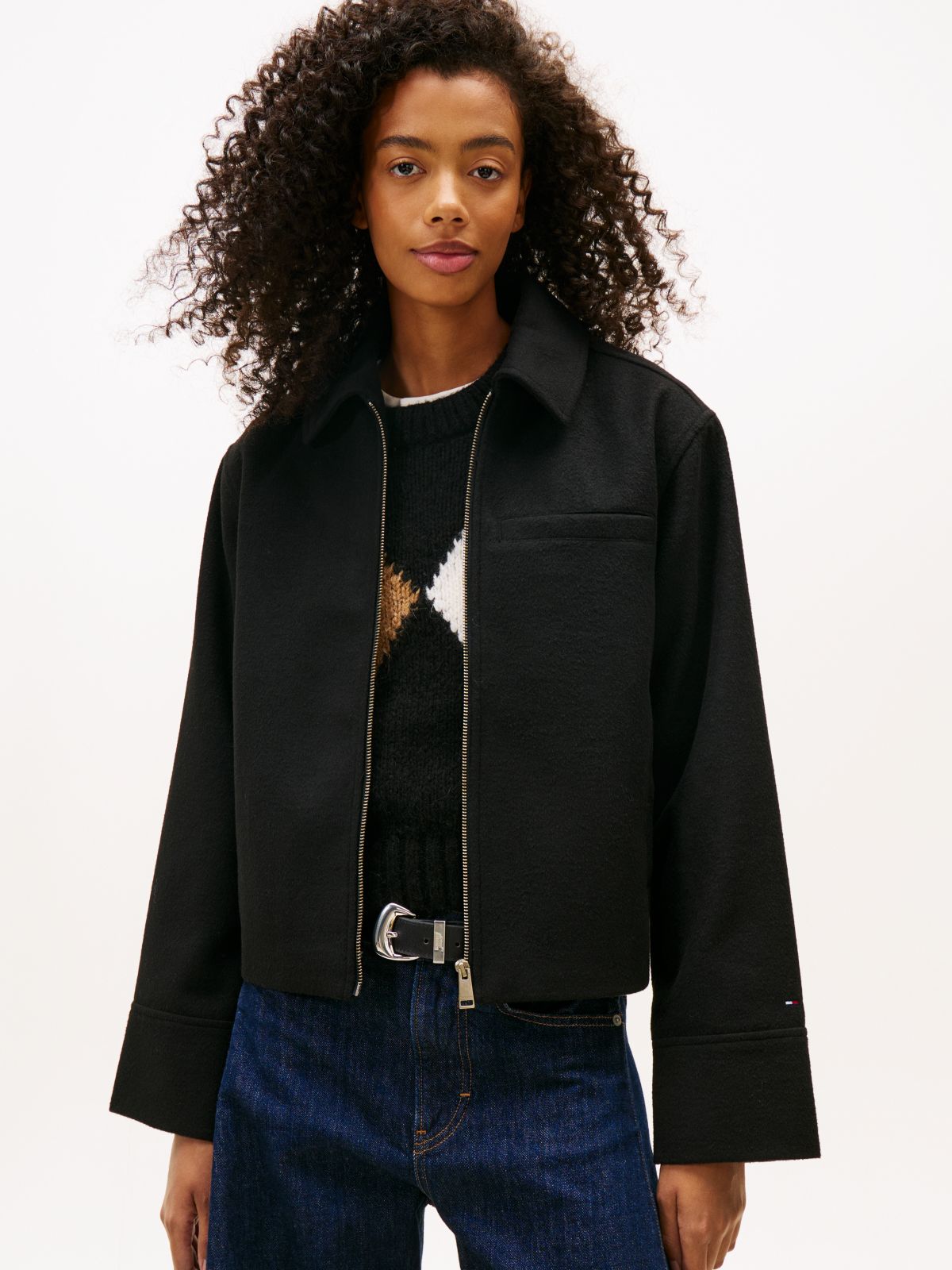 Collared Zip-Thru Wool Blend Twill Jacket — Black