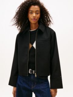 Collared Zip-Thru Wool Blend Twill Jacket — Black 1