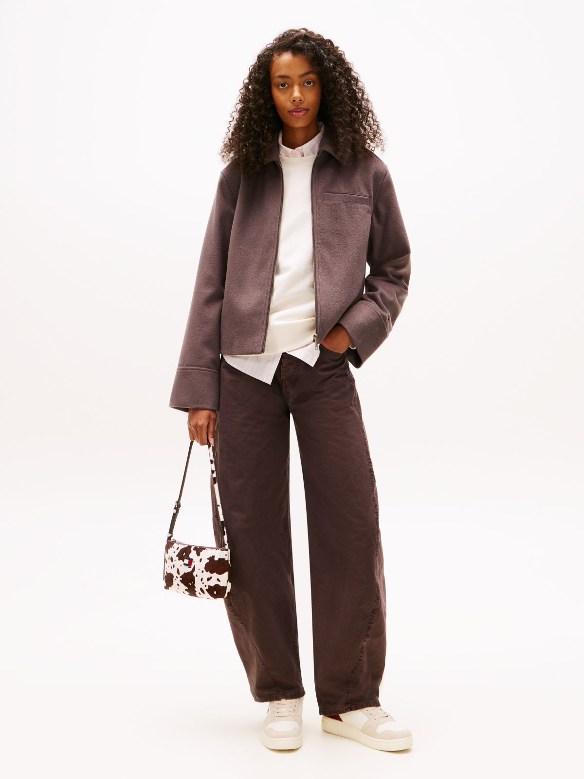 Collared Zip-Thru Wool Blend Twill Jacket — Brown