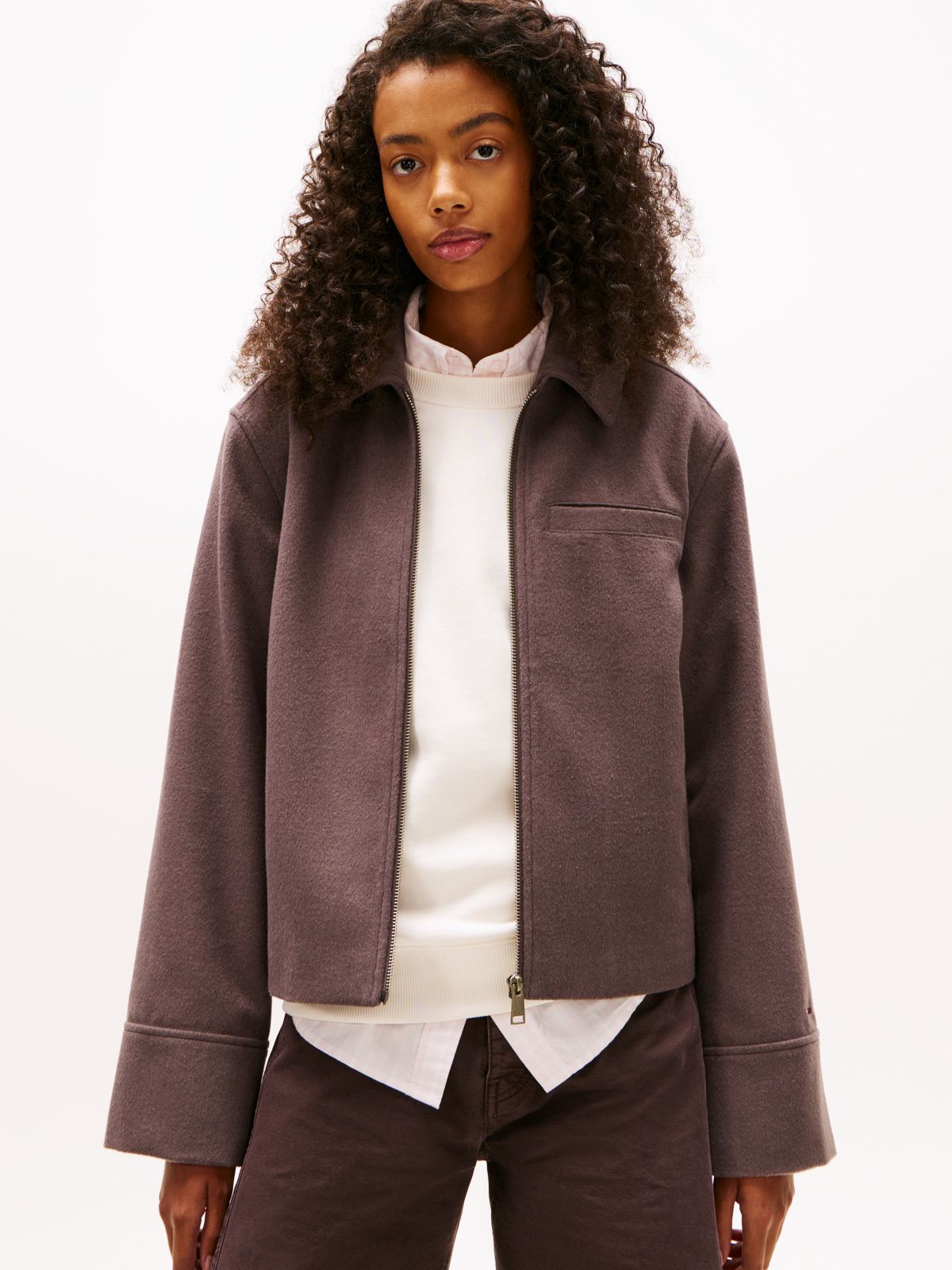Collared Zip-Thru Wool Blend Twill Jacket — Brown