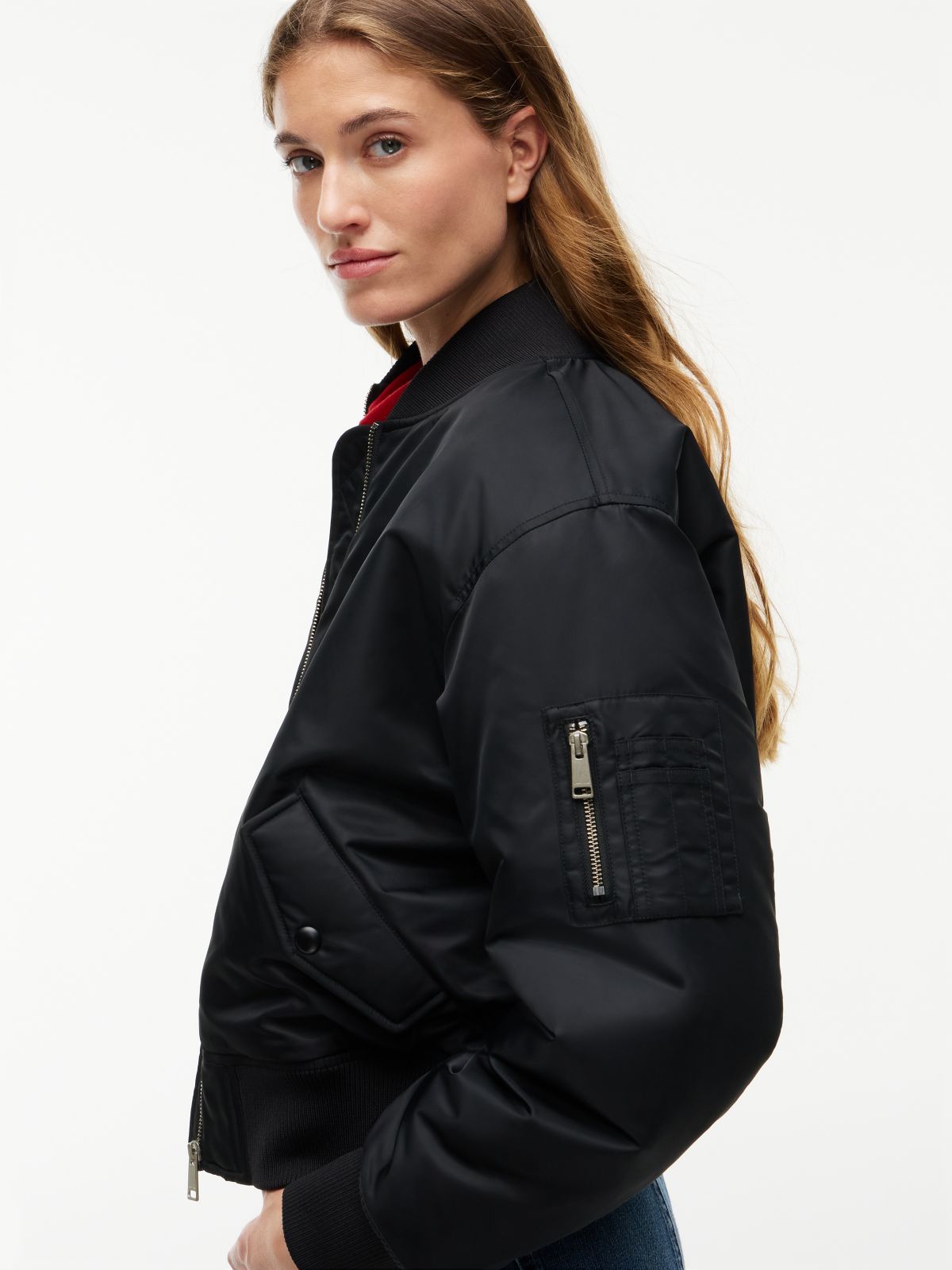 Shiny Twill Bomber Jacket — Black