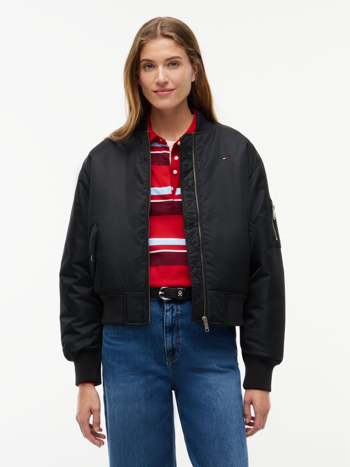 Shiny Twill Bomber Jacket — Black
