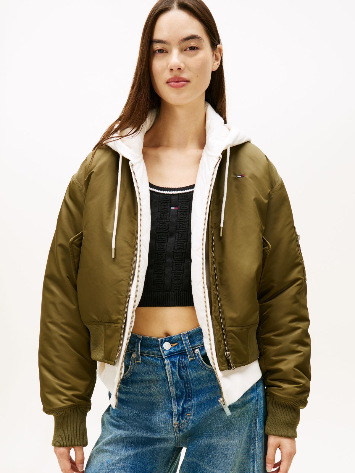 Shiny Twill Bomber Jacket — Green