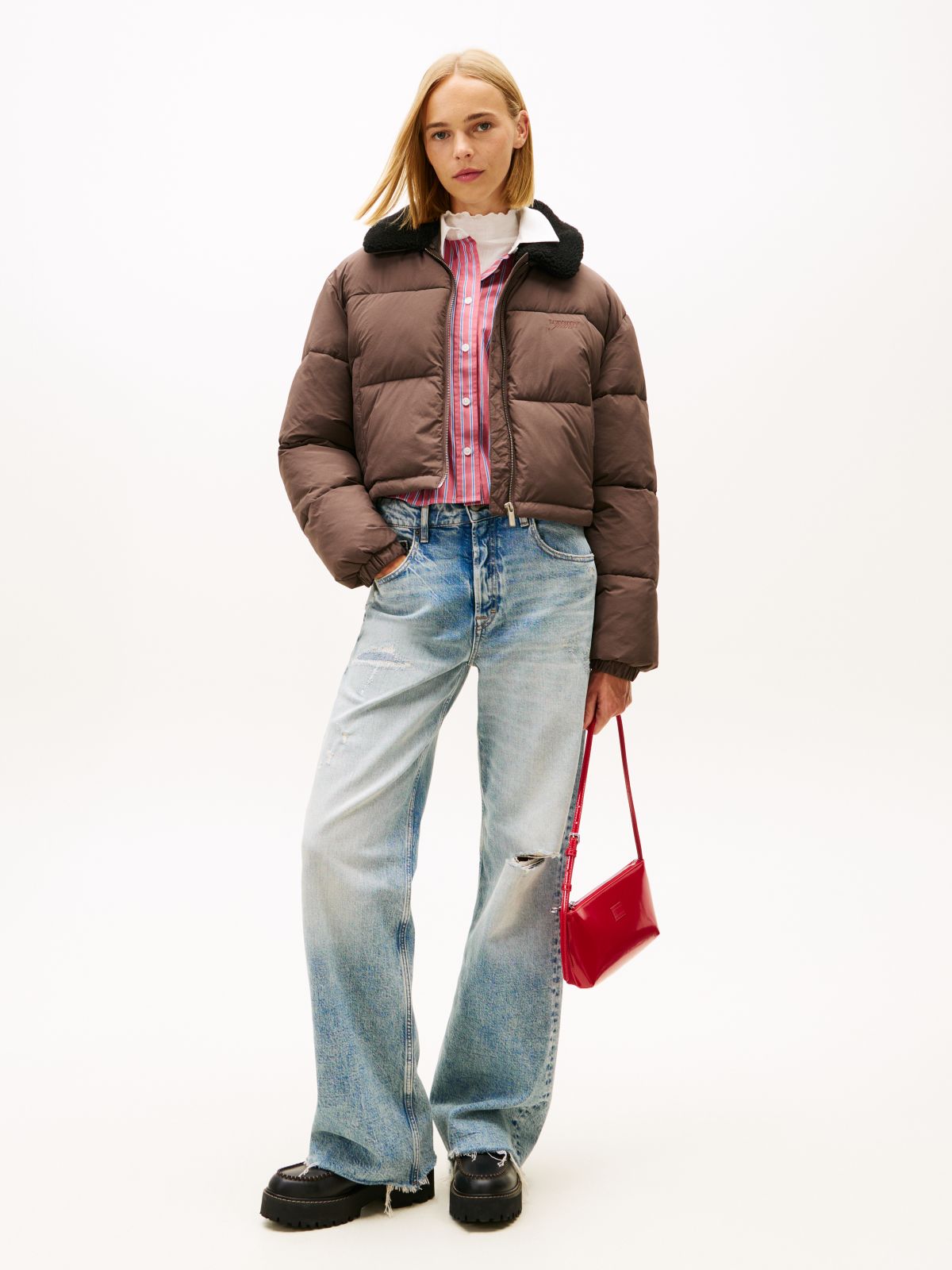 Teddy Collar Crinkle Puffer Jacket — Brown