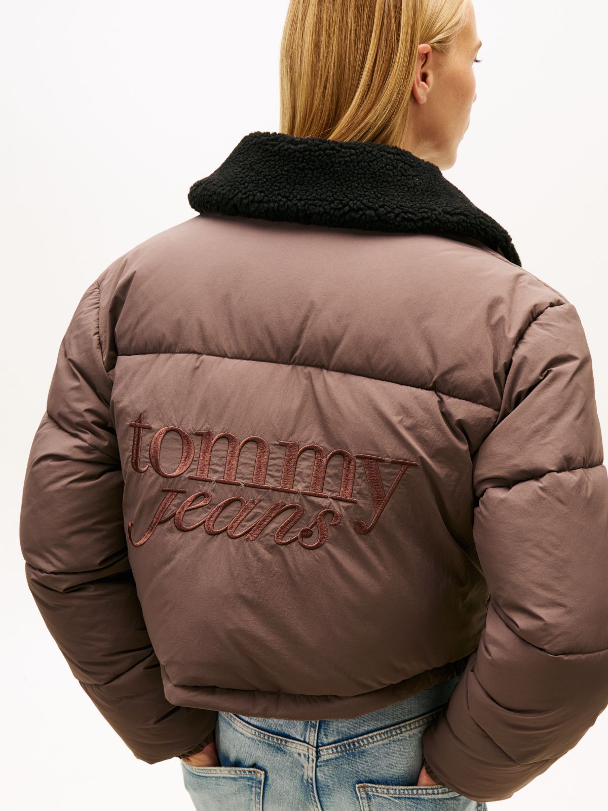 Teddy Collar Crinkle Puffer Jacket — Brown