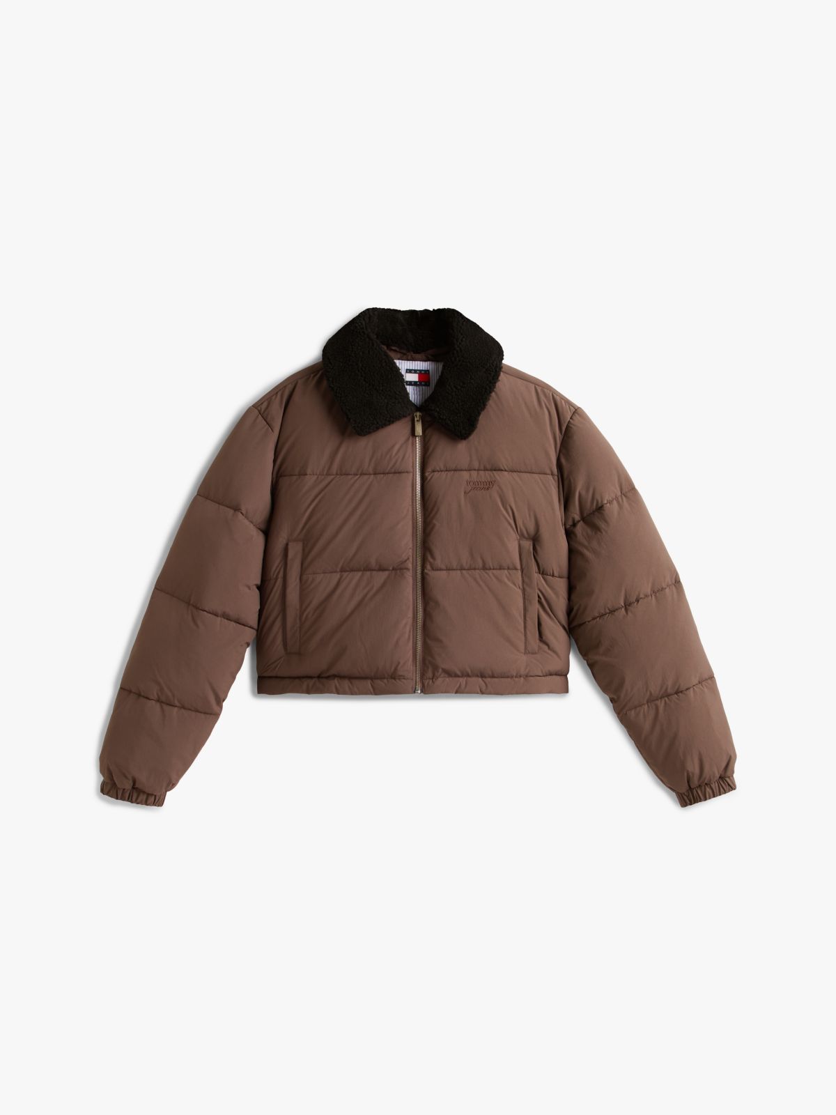 Teddy Collar Crinkle Puffer Jacket — Brown