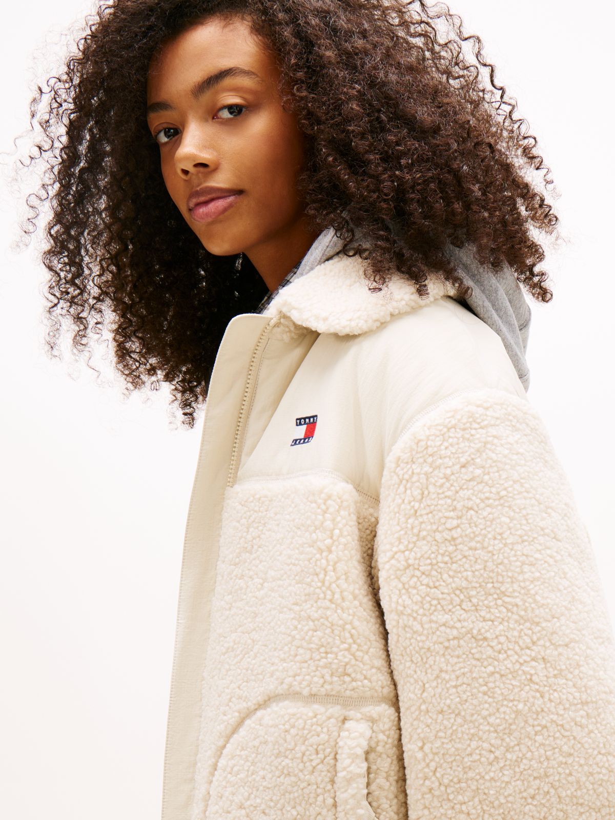 Tommy Badge Teddy Fleece Collared Jacket — Beige