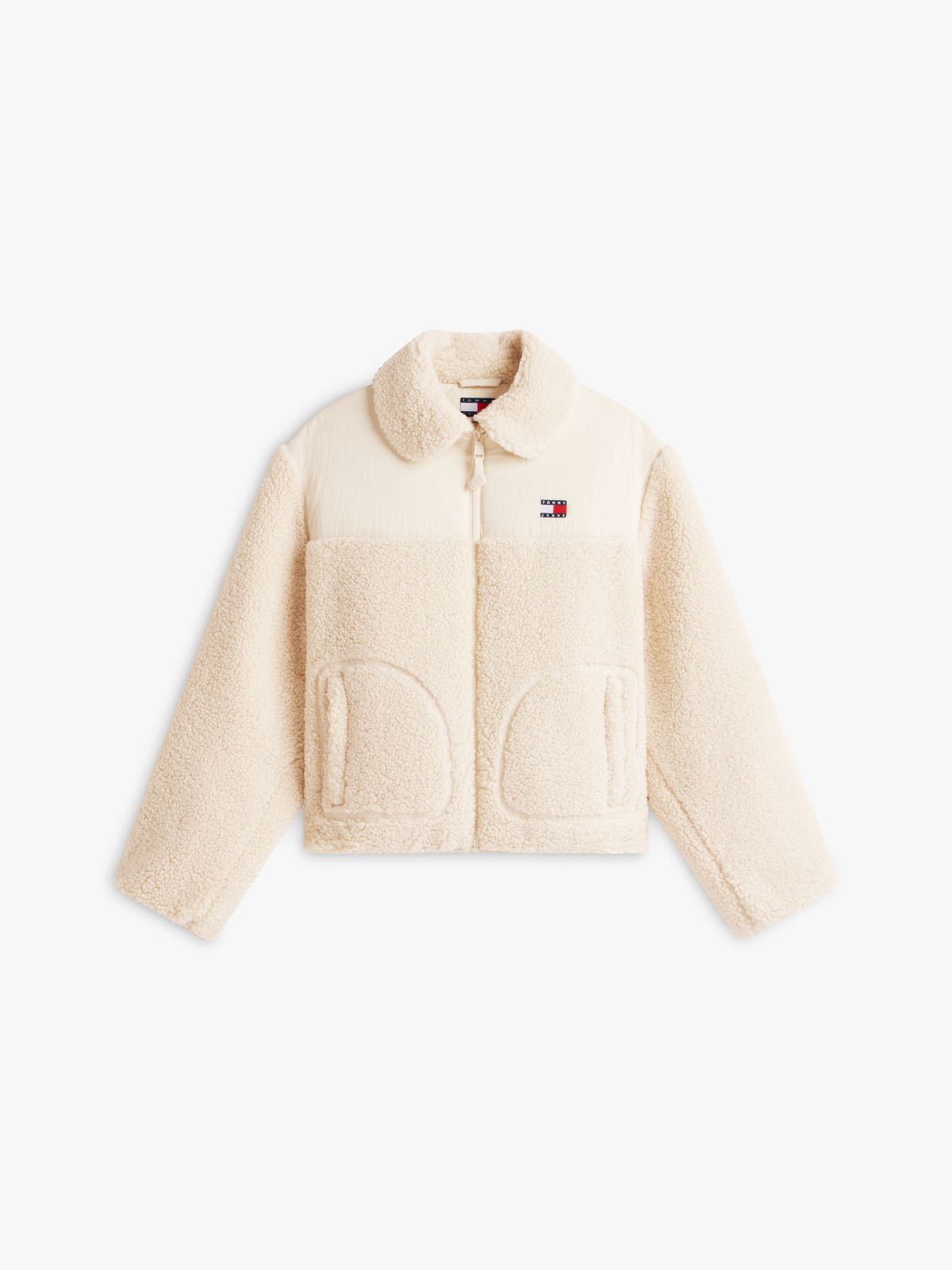 Tommy Badge Teddy Fleece Collared Jacket — Beige