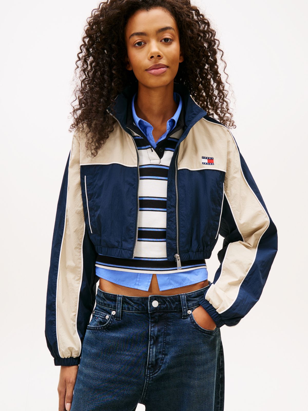 Tommy Badge Colour-Blocked Piping Crinkle Jacket — Blue